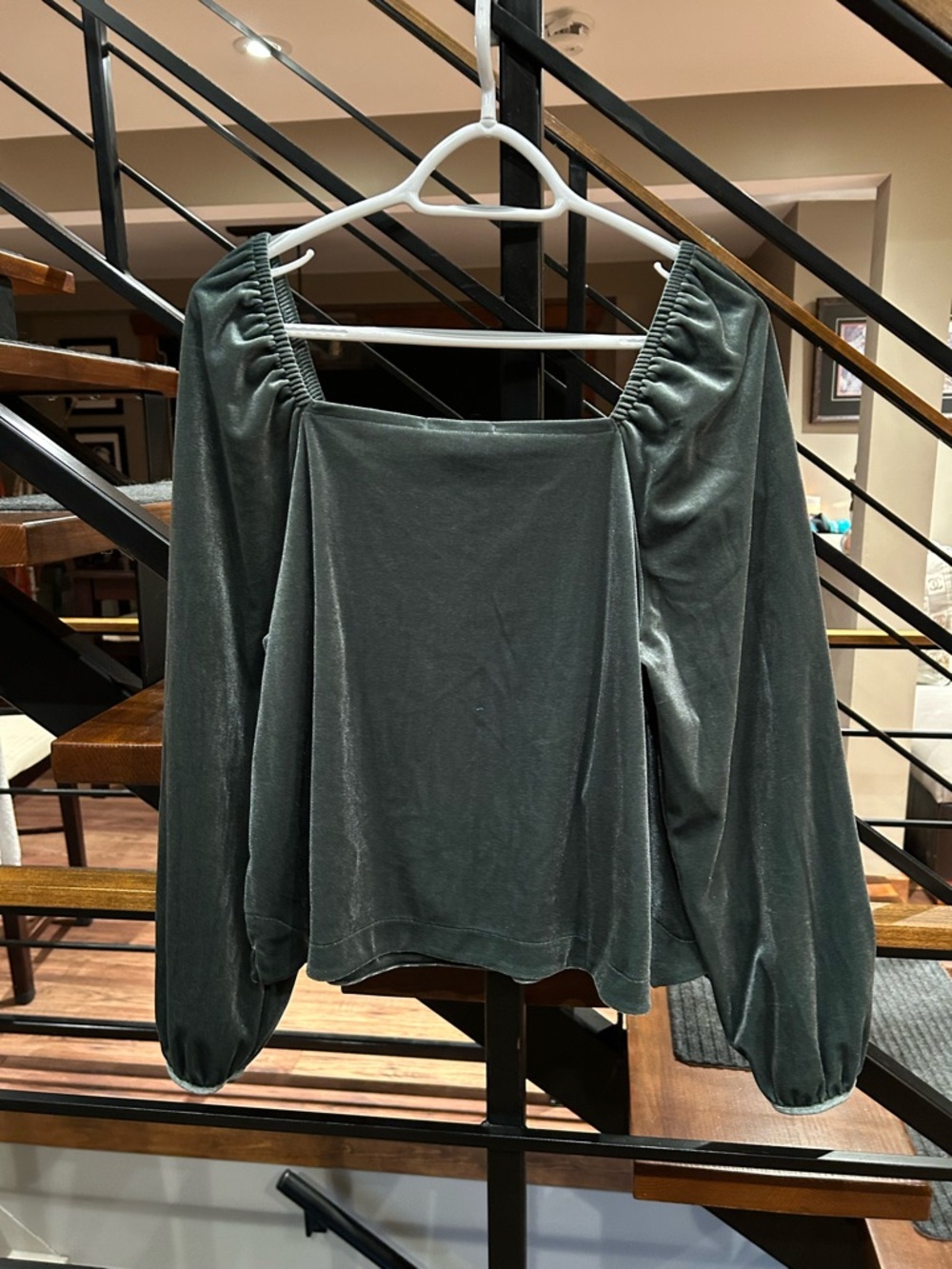 Off Shoulder Velvet Long Sleeve Top - Dark Green